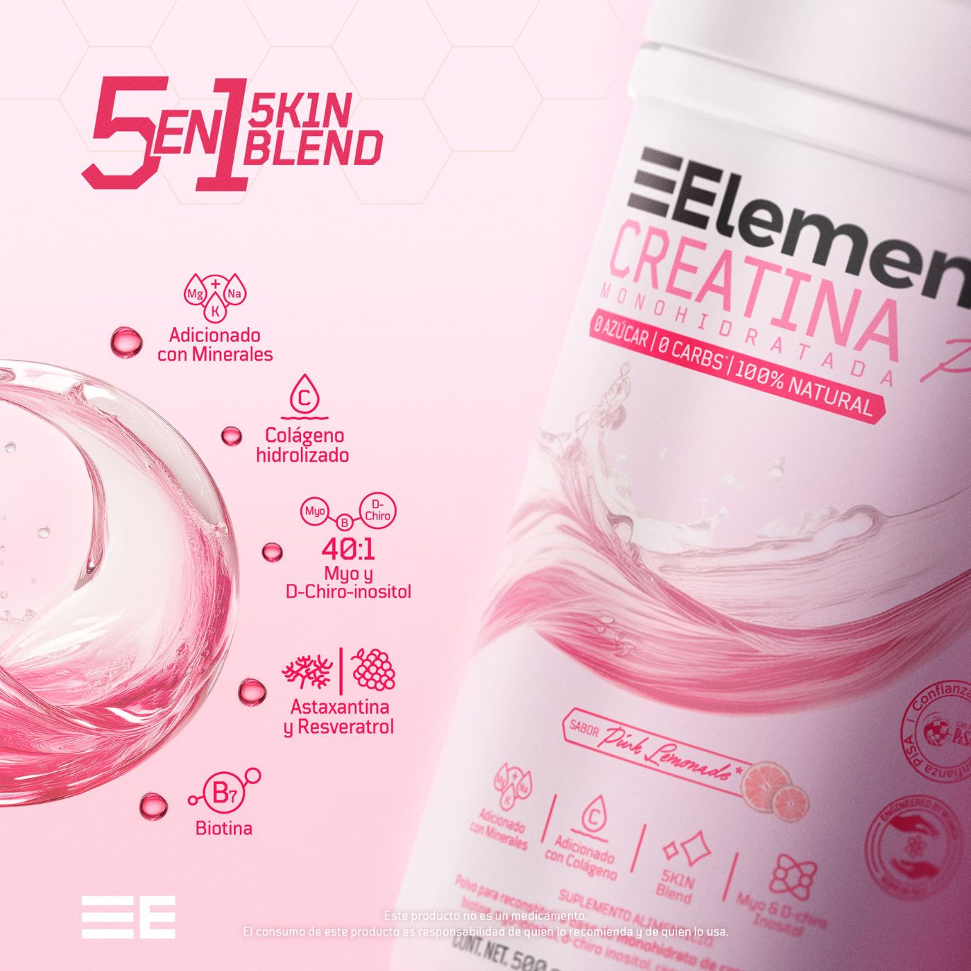 Creatina Rosa Plus con Myo Inositol y Colágeno de Elemental
