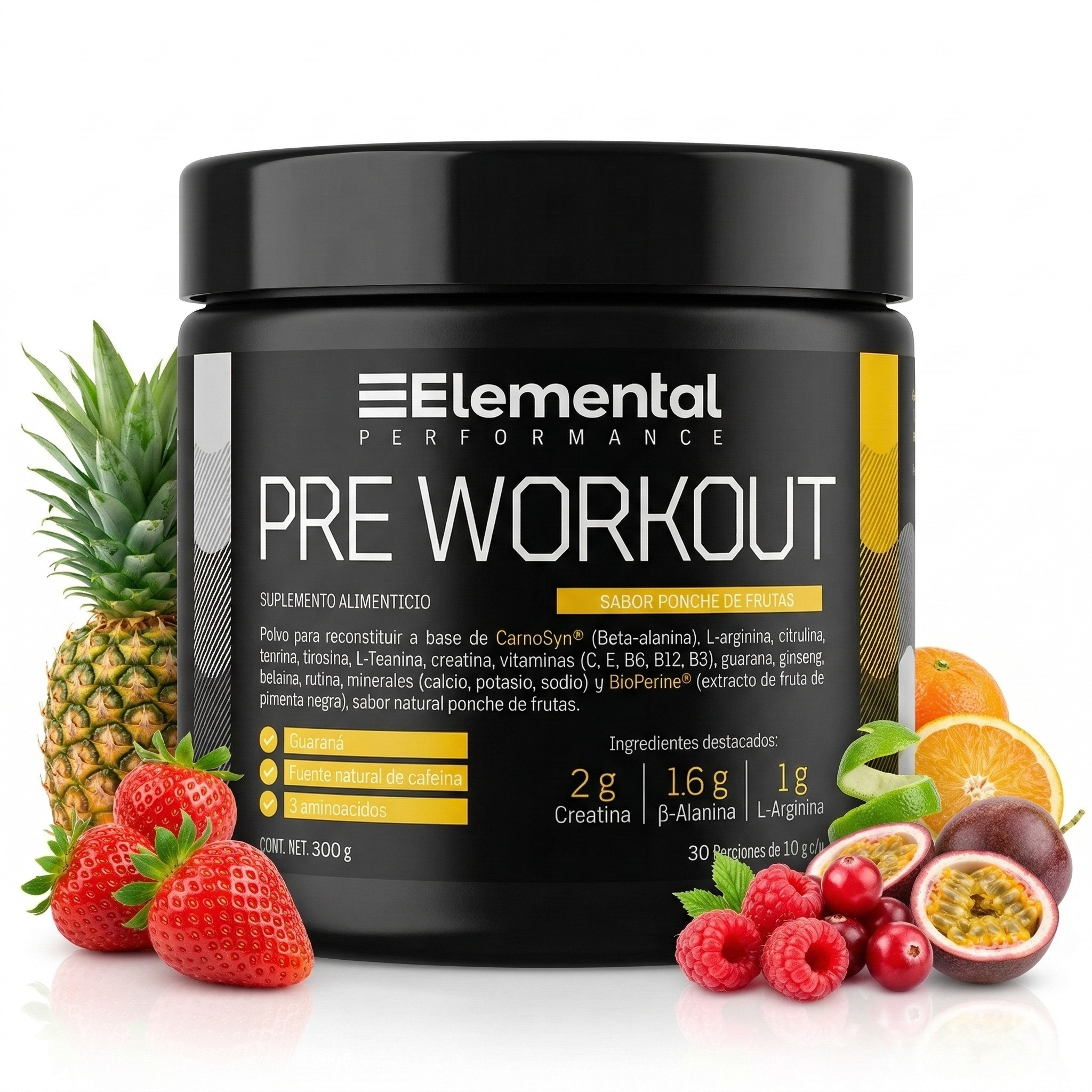 Pre-Workout sabor ponche de frutas con cafeína natural de Elemental — envase
